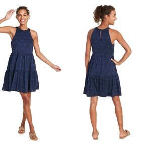 EUC Old Navy Embroidered Blue Sleeveless Tiered Swing Dress size XS